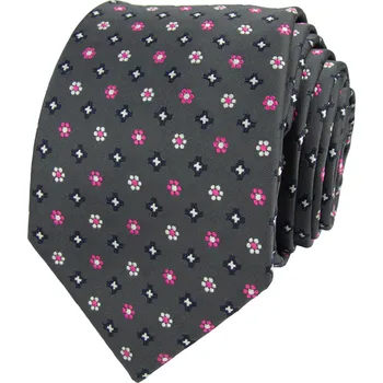 Kravata Tmavě šedá pánská kravata s růžovým květinovým vzorem
