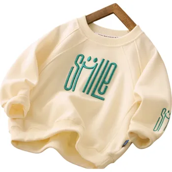 Dívčí mikina Dětská mikina s dlouhým rukávem a výšivkou SMILE Bavlna a polyester Jednobarevný top pro chlapce i dívky Jarní a podzimní volný střih Různé barvy béžova 12