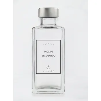Papír Samolepka na láhev MONIN JAHODOVÝ 6 x 8 cm – průhledná vinylová, voděodolná, omyvatelná samolepka na dózy, základní písmo