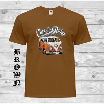 panske-levne-bavlnene-tricko-potisk-VW-hipie-autobus Barva: Brown - hnědá, velikost: S