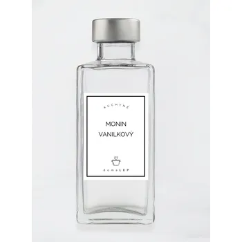Speciální papír Samolepka na láhev MONIN VANILKOVÝ 6 x 8 cm – bílá vinylová, voděodolná, omyvatelná samolepka na dózy, základní písmo