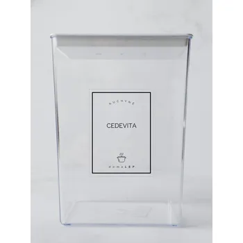 Samolepící etiketa Samolepka na láhev CEDEVITA – 6 x 8 cm – průhledná vinylová, voděodolná, omyvatelná samolepka na dózy, základní písmo