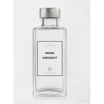 Speciální papír Samolepka na láhev MONIN KOKOSOVÝ 6 x 8 cm – průhledná vinylová, voděodolná, omyvatelná samolepka na dózy, tučné písmo