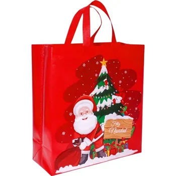Dárková taška Dárková taška s vánočním motivem Santa Clause a vánočním stromečkem 35 x 38 cm Netkaná textilie Opakovaně použitelná taška na dárky červená