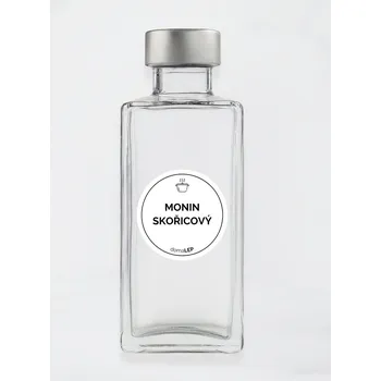 Samolepící etiketa Samolepka na láhev MONIN SKOŘICOVÝ průměr 5 cm – bílá vinylová, voděodolná, omyvatelná samolepka na dózy, tučné písmo
