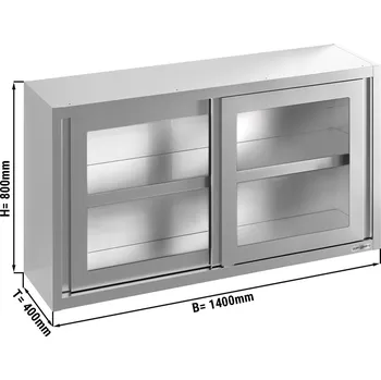 Vinotéka G.Gastro Made in Italy | Stainless Steel Wall Cabinet PREMIUM – Sliding Glass Doors - 1400x400x800 mm - With Shelf