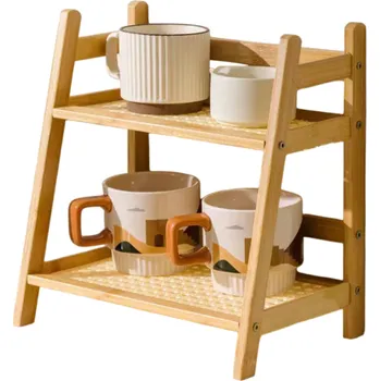 Úložný box 2úrovňová stolní police 26,5 x 18 x 28,5 cm Bambusová konstrukce s ABS deskami Organizér na pracovní stůl Úložný regál do kanceláře světle hnědá