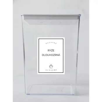 Speciální papír RÝŽE DLOUHOZRNNÁ– bílá samolepka na dózu, základní písmo, 6 x 8 cm | DomaLEP