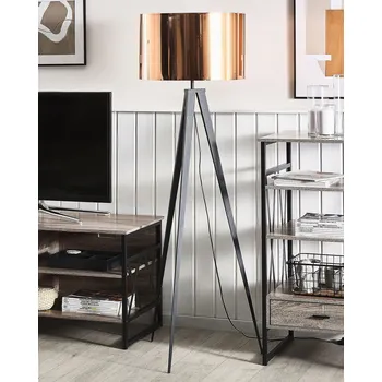 Stojací lampa Stojací lampa černý kov 156 cm kulaté stínítko z mědi Dlouhý třínohý kabel s vypínačem Moderní design Beliani