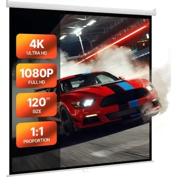 Projekční plátno Ruční projekční plátno VEVOR, 3048 mm 1:1 4K 1080 HD zatahovací projekční plátno, nástěnná projekce filmů s tažným lanem, přenosná projekce pro rodinné domácí kino a kancelář