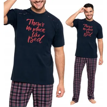 Pánské pyžamo Pánské pyžamo s krátkým rukávem DLOUHÉ KALHOTY kostkované POHODLNÉ námořnická modrá XXL