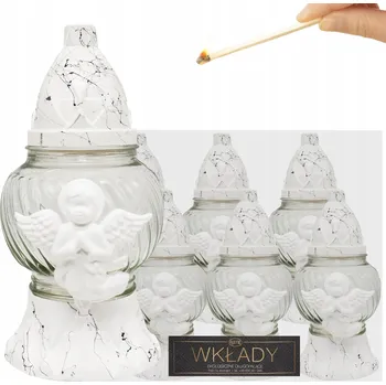 Svíčka HŘBITOVNÍ SVÍČKA SKLENĚNÝ NA HROB 6 ks VELKÝ ANDĚLSKÝ MRAMOR 22 cm S VLOŽKOU NA PÁLENÍ