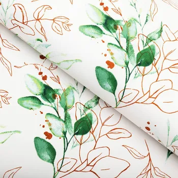 Bavlněná látka/plátno Sandra SA-706 Zeleno-hnědé větvičky s lístky na bílém - šířka 160 cm