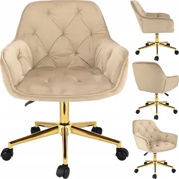 Křeslo OTOČNÉ KŘESLO VELUROVÉ BÉŽOVÉ DO OBÝVACÍHO POKOJE K PSACÍMU STOLU KE KOSMETICKÉMU STOLKU GLAMOUR NA ZLATÉ NOZE