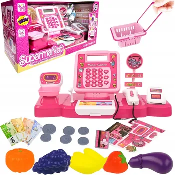 Hra na obchod VELKÁ POKLADNA S KALKULAČKOU NA BATERIE SE ZVUKEM, PENÍZE A PRODUKTY