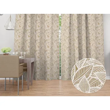 ubrus Dekorační závěs Leona LN-168 Bílé listy na světle hnědém - šířka 270 cm 270x140 cm