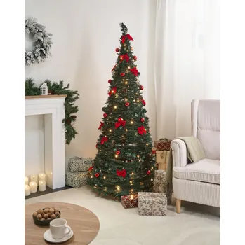 Vánoční stromek Umělý vánoční stromek zelený syntetický 184 cm skládací LED světýlka vánoce Beliani