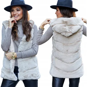 Dámská vesta Och Bella Kožešinová vesta s kapucí béžová XL