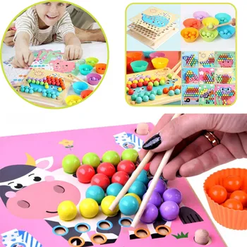 Dřevěná hračka DŘEVĚNÁ SKLÁDAČKA S KORÁLKY EDUKAČNÍ SADA PRO DĚTI MONTESSORI