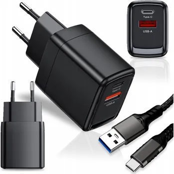 Síťová nabíječka kostka 2x USB + USB-C typ-c pro telefon 25W černá