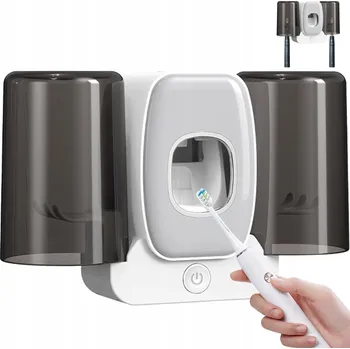 Držák na kartáček ORGANIZÉR NA KARTÁČKY NA ZUBY S DÁVKOVAČEM PASTY + 2 KELÍMKY, NÁSTĚNNÝ SET