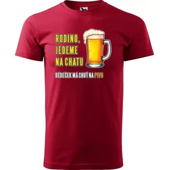 Pánské tričko Sablio Tričko s potiskem Rodino, jedeme na chatu. Dedeček má chuť na pivo - červené L