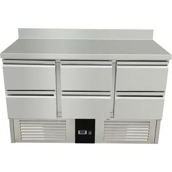 vasegastro Chladící stůl / přípravný stůl 1,37 mx 0,7 m - s 6 šuplíky a zadním lemem