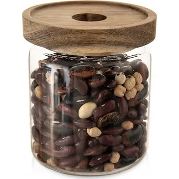 Dóza na potraviny SKLENĚNÁ DÓZA NA SYPKÉ POTRAVINY KULATÁ S DŘEVĚNÝM VÍKEM 730ML