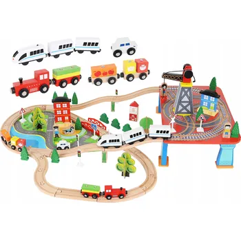 Vláček a vláčkodráha KINDERPLAY Velká dřevěná vláčkodráha, vagony, vlak na baterie - POLICIE