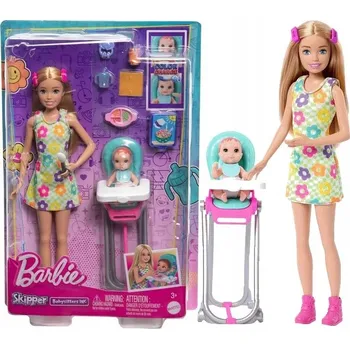 Panenka Panenka Barbie Skipper hlídání dětí + jídelní židlička s miminkem HTK35
