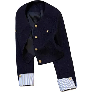 Dámské sako Dámské tmavě modré sako s kapsami a ozdobným lemem rukávů Elegantní jednobarevné sako na knoflíky Bavlna Polyester Spandex Acrylic S