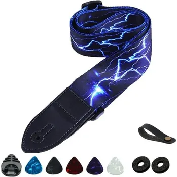 Kytara 10dílná sada pro kytaristy Popruh s potiskem blesků Držák na trsátka Adaptér na hlavu kytary 5 trsátek 2 gumové zámky na popruh