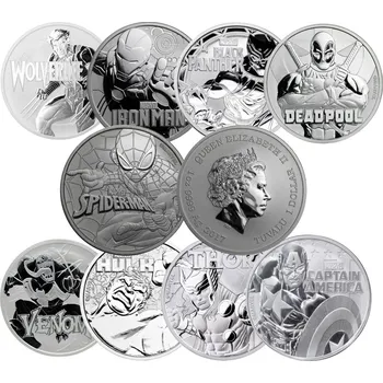 Sada stříbrných mincí 9 x 1 Oz Marvel 2017-2021