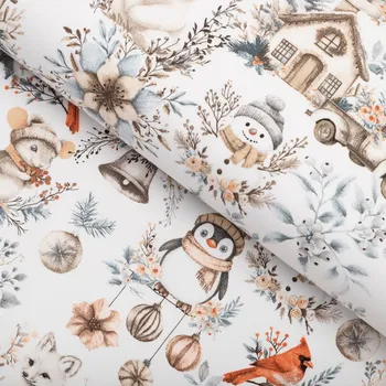 Bavlněná látka/plátno Sandra SA-708 Zimní pohádka modro-šedo-hnědá na bílém - šířka 160 cm