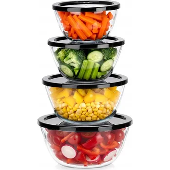 SADA SKLENĚNÝCH MISEK S VÍČKY, NÁDOBY NA POTRAVINY, SALÁTOVÉ MÍSY
