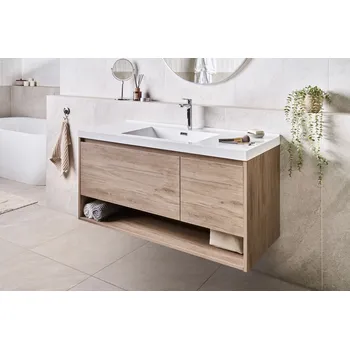 Koupelnový nábytek Nástěnná koupelnová skříňka světle hnědá dřevotříska 120 x 50 cm 1 zásuvka 2 police s umyvadlem koupelna Beliani