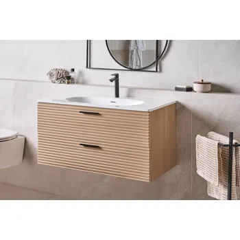 Koupelnový nábytek Nástěnná koupelnová skříňka světle hnědá MDF 100 x 50 cm se 2 zásuvkami a umyvadlem koupelna Beliani