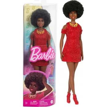 Panenka Mattel Panenka Barbie Fashionistas modelka #221, černé vlasy, rudé minišaty, doplňky, 65. výročí FBR37