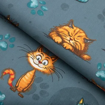 Dětská bavlněná látka/plátno Sandra SA-705 Kočičí parta na tmavě šedomodrém - šířka 160 cm