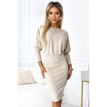 Dámské šaty Šaty LARA s žebrováním a stahovacími lemy na rukávech - BÉŽOVÁ vel L