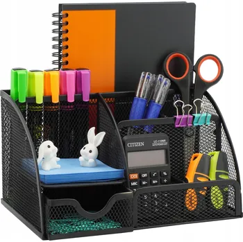 Organizér na psací stůl Hexagon kovový, síťovaný, se zásuvkou ČERNÝ