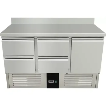 vasegastro Chladící stůl / přípravný stůl 1,37 mx 0,7 m - s 1 dveřmi a 4 šuplíky vlevo a zadním lemem