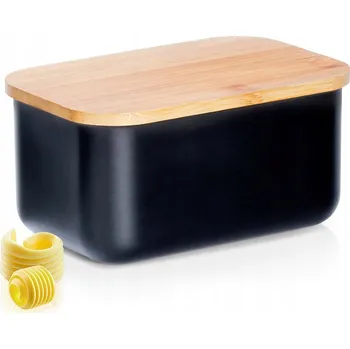 Máslenka MÁSELNÍK NÁDOBA NA MÁSLO ČERNÁ OCELOVÁ S BAMBUSOVÝM VÍKEM A PRKÉNKEM