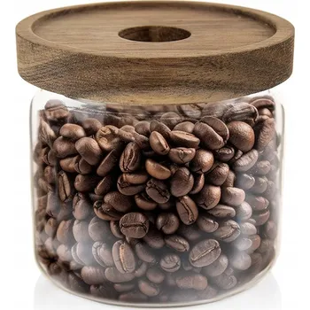 Dóza na potraviny SKLENĚNÁ DÓZA NA SYPKÉ POTRAVINY KULATÁ S DŘEVĚNÝM VÍKEM 500ML