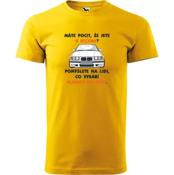 Pánské tričko Sablio Tričko s potiskem Pomyslete na lidi, co vyrábí blinkry do BMW - žluté S