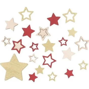 Vánoční dekorace Dekorace vánoční dřevěná - hvězda přírodní a červená 2,5cm + 3,5cm, 24ks