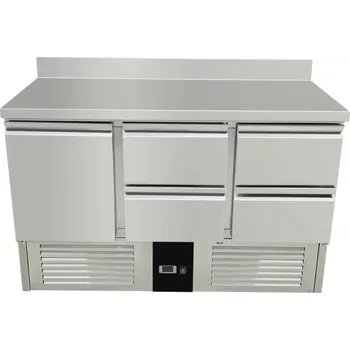 vasegastro Chladící stůl / přípravný stůl 1,37 mx 0,7 m - s 1 dveřmi a 4 šuplíky v pravo a zadním lemem