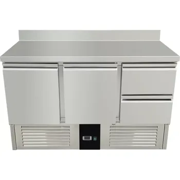 vasegastro Chladící stůl / přípravný stůl 1,37 mx 0,7 m - se 2 dveřmi a 2 šuplíky v pravo a zadním lemem