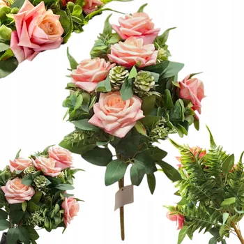 umělá květina DEKORACE S RŮŽEMI UMĚLÁ KYTICE RŮŽÍ 50 CM KOMPOZICE 5 HLAVIČEK NA HROBY