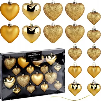 Vánoční dekorace Nerozbitné vánoční Vánoční Baňky , zlatá srdíčka , 6,5/4,5 cm, 16 ks